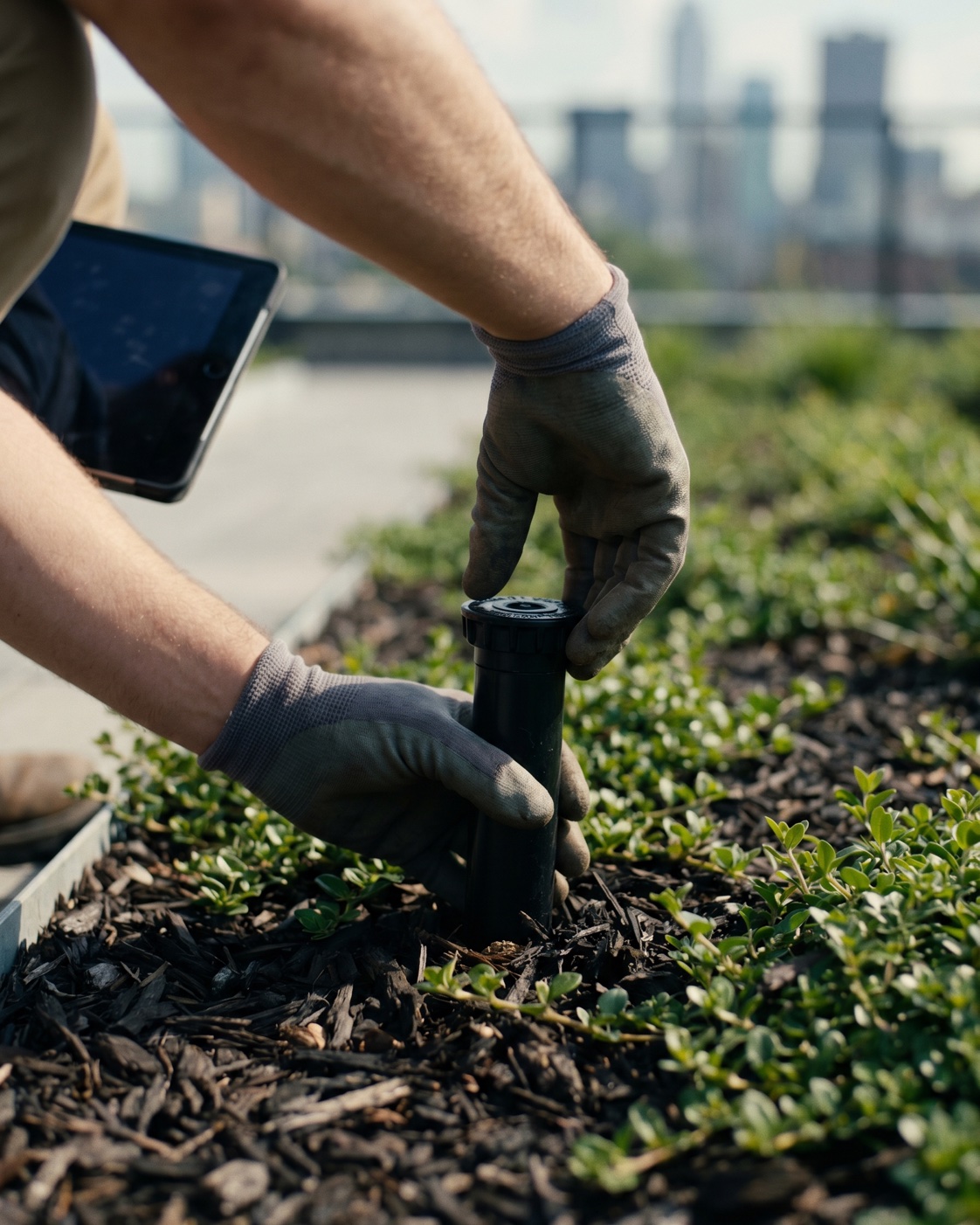 ManageMowed account manager inspecting an irrigation head in a mulched commercial bed beneath Houston live oaks