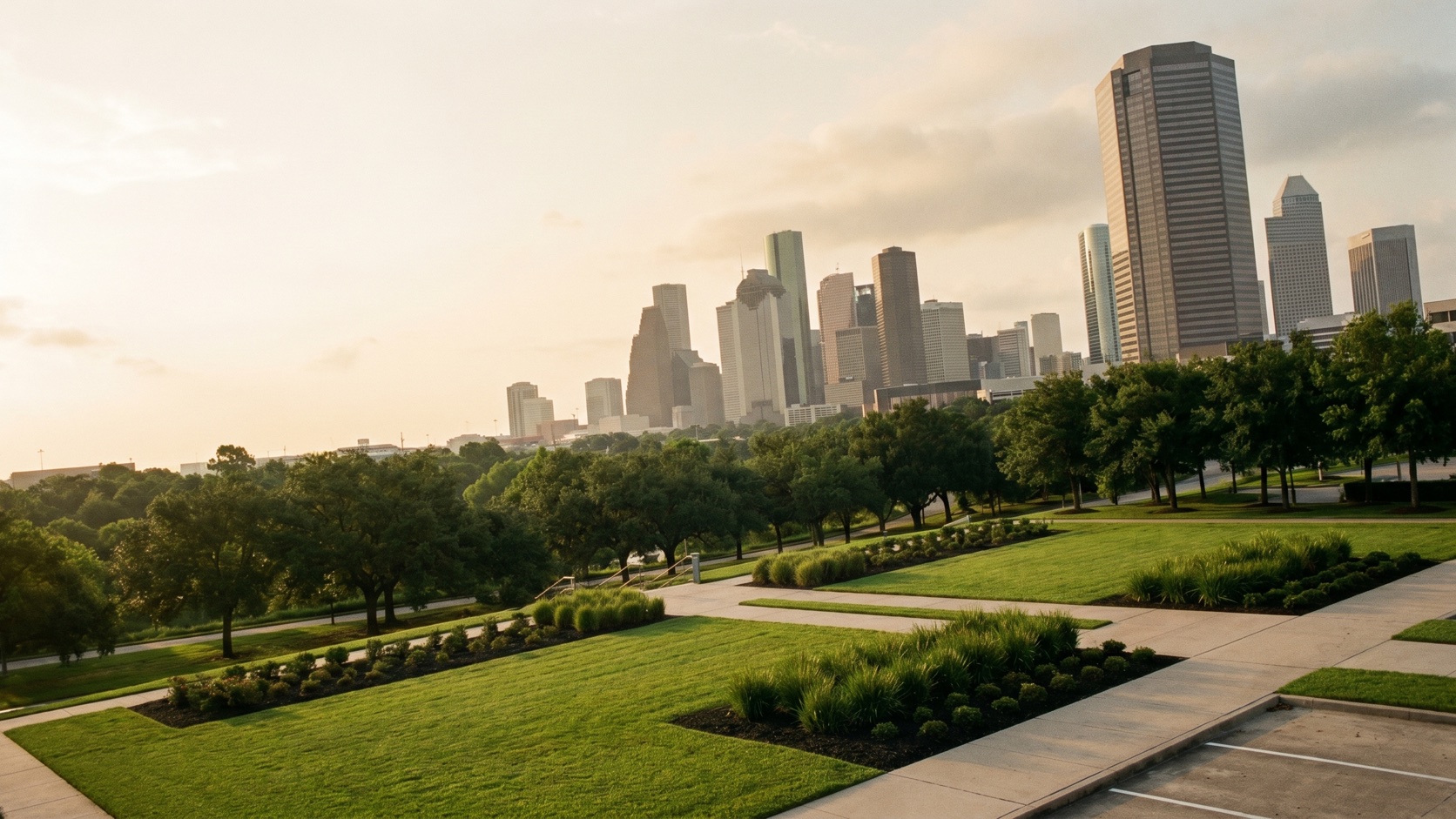Beautifully maintained commercial property landscaping at golden hour with the downtown Houston skyline beyond