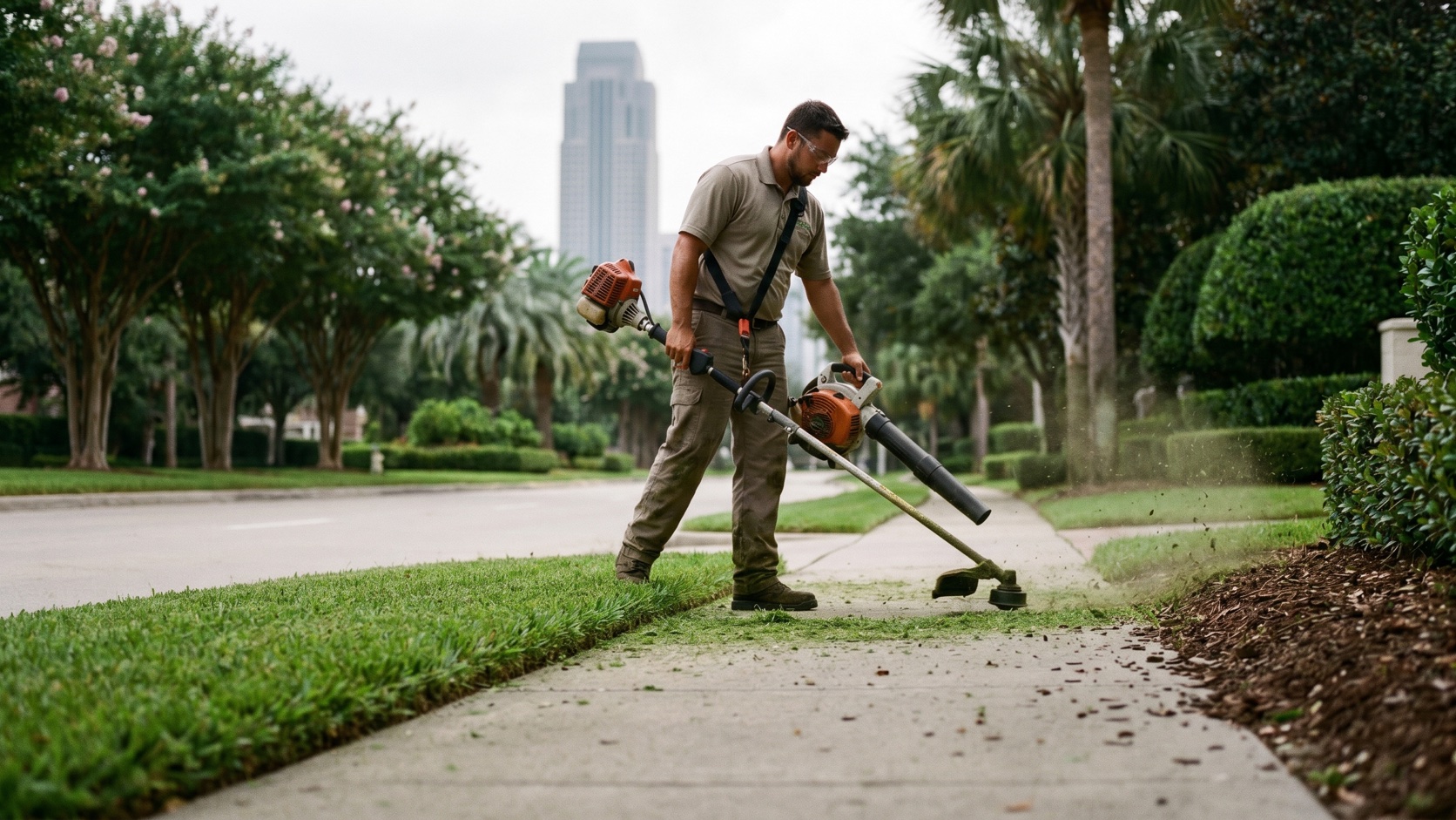 ManageMowed crew member inspecting irrigation at a Houston commercial property under intense Gulf Coast summer sun